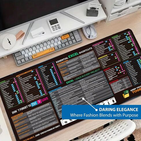 Excel Cheat Sheet Desk Pad – XL Large Waterproof Mouse Pad for PC, Keyboard, Computer, Office or Gaming, Non-Slip Desk Mat with Spreadsheet Shortcuts & Formulas, 3 Cord Holder Gift (X-Large) in Saudi Arabia
