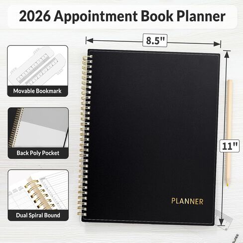 SUNEE 2026 BOOK FOORTMENTMENT ، ربع ساعة ، يوميًا ، مخطط مجموعة أربعة أشخاص - من يناير 2026 - ديسمبر 2026 ، 8.5 "x11" مخطط أسبوعي ، غطاء مرن ، صفحات الملاحظات ، المرجعية ، Dayminder ، Black in Kuwait