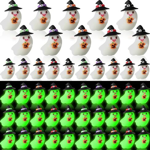 50 PCS Halloween Mini Mini Sompurines Flows in the Dark Resin Ghost Figures Tiny Miniature تمثال مصغرة للاختباء لصالح حفلات عيد الهالوين ديكور دمية حديقة صغيرة (Hatband ملونة) in Saudi Arabia