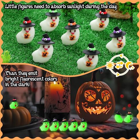 50 PCS Halloween Mini Mini Sompurines Flows in the Dark Resin Ghost Figures Tiny Miniature تمثال مصغرة للاختباء لصالح حفلات عيد الهالوين ديكور دمية حديقة صغيرة (Hatband ملونة) in Saudi Arabia