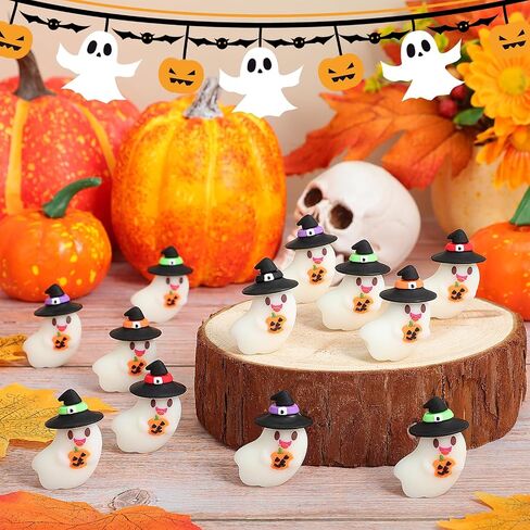 50 PCS Halloween Mini Mini Sompurines Flows in the Dark Resin Ghost Figures Tiny Miniature تمثال مصغرة للاختباء لصالح حفلات عيد الهالوين ديكور دمية حديقة صغيرة (Hatband ملونة) in Saudi Arabia
