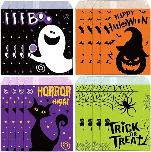 Whaline 120pack Halloween Treat Acags 4 Designs Cartoon Grimace Cat Ghost Ghost Spider Pattern Pudcs Buffet Bass خدعة أو علاج أكياس الهدايا الورقية لملفات تعريف الارتباط الشوكولاتة الجيدة. in Saudi Arabia