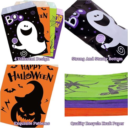 Whaline 120pack Halloween Treat Acags 4 Designs Cartoon Grimace Cat Ghost Ghost Spider Pattern Pudcs Buffet Bass خدعة أو علاج أكياس الهدايا الورقية لملفات تعريف الارتباط الشوكولاتة الجيدة. in Saudi Arabia
