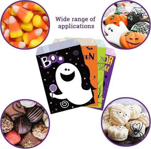 Whaline 120pack Halloween Treat Acags 4 Designs Cartoon Grimace Cat Ghost Ghost Spider Pattern Pudcs Buffet Bass خدعة أو علاج أكياس الهدايا الورقية لملفات تعريف الارتباط الشوكولاتة الجيدة. in Saudi Arabia