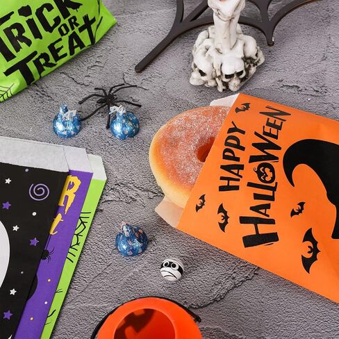 Whaline 120pack Halloween Treat Acags 4 Designs Cartoon Grimace Cat Ghost Ghost Spider Pattern Pudcs Buffet Bass خدعة أو علاج أكياس الهدايا الورقية لملفات تعريف الارتباط الشوكولاتة الجيدة. in Saudi Arabia