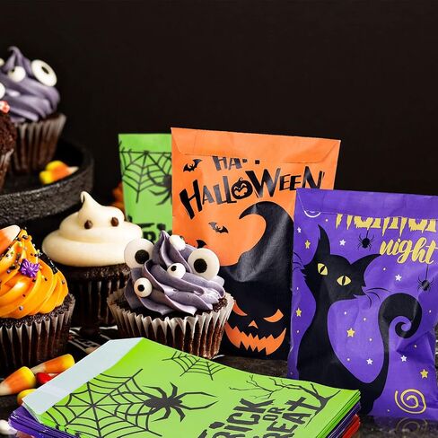Whaline 120pack Halloween Treat Acags 4 Designs Cartoon Grimace Cat Ghost Ghost Spider Pattern Pudcs Buffet Bass خدعة أو علاج أكياس الهدايا الورقية لملفات تعريف الارتباط الشوكولاتة الجيدة. in Saudi Arabia