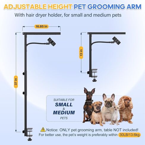 Dog Grooming Arm with Hair Dryer Stand, Adjustable 37'' Dog Grooming Table Arm with Clamp & Dogs Restraints for Grooming Small Medium Dogs Cats, Foldable Pet Grooming Stand at Home in Saudi Arabia