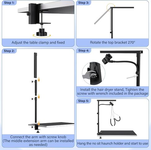 Dog Grooming Arm with Hair Dryer Stand, Adjustable 37'' Dog Grooming Table Arm with Clamp & Dogs Restraints for Grooming Small Medium Dogs Cats, Foldable Pet Grooming Stand at Home in Kuwait