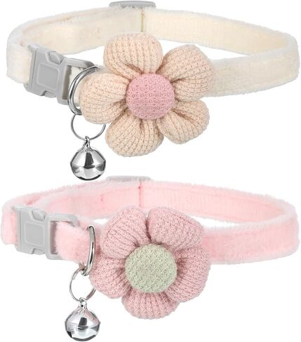 Small Dog Collar with Flower, 2 PCS Puppy Collar Small Dog Collars for Female Dogs Adjustable Cute Dogs Collars with Bell for Girl Boy Little Kitten Pet (Pink, White, XS) in Saudi Arabia