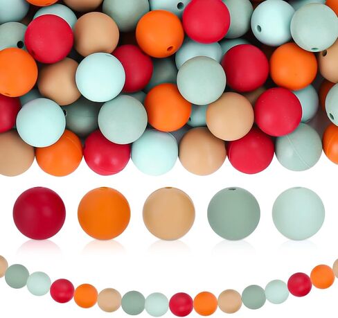 Whaline 120Pcs Fall Colors Silicone Beads Mixed Colorful Round Silicone Loose Beads with Elastic Rope Assorted 15mm Rubber Beads for Autumn DIY Crafts Jewelry Bracelets Keychain Making in Saudi Arabia