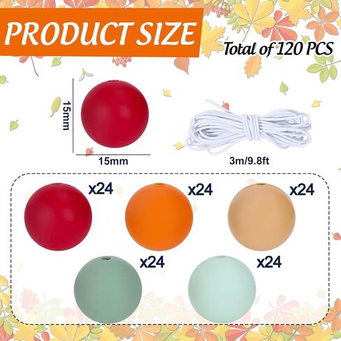 Whaline 120Pcs Fall Colors Silicone Beads Mixed Colorful Round Silicone Loose Beads with Elastic Rope Assorted 15mm Rubber Beads for Autumn DIY Crafts Jewelry Bracelets Keychain Making in Saudi Arabia