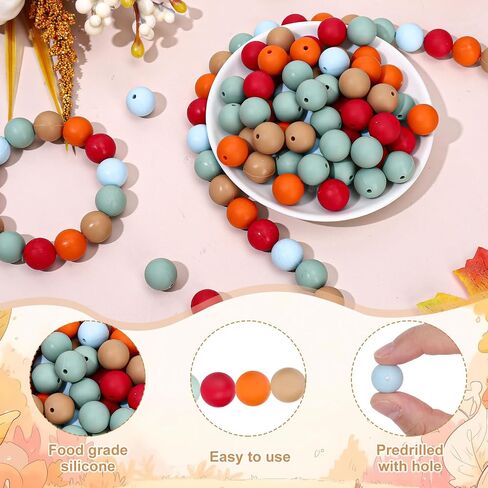 Whaline 120Pcs Fall Colors Silicone Beads Mixed Colorful Round Silicone Loose Beads with Elastic Rope Assorted 15mm Rubber Beads for Autumn DIY Crafts Jewelry Bracelets Keychain Making in Saudi Arabia