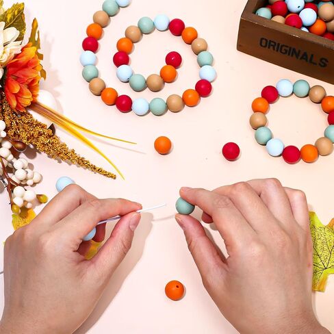 Whaline 120Pcs Fall Colors Silicone Beads Mixed Colorful Round Silicone Loose Beads with Elastic Rope Assorted 15mm Rubber Beads for Autumn DIY Crafts Jewelry Bracelets Keychain Making in Saudi Arabia