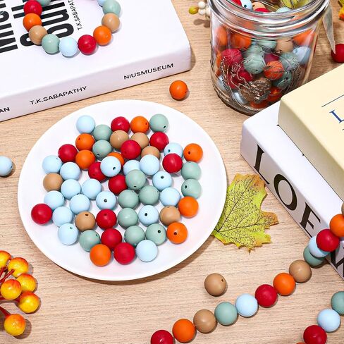 Whaline 120Pcs Fall Colors Silicone Beads Mixed Colorful Round Silicone Loose Beads with Elastic Rope Assorted 15mm Rubber Beads for Autumn DIY Crafts Jewelry Bracelets Keychain Making in Saudi Arabia