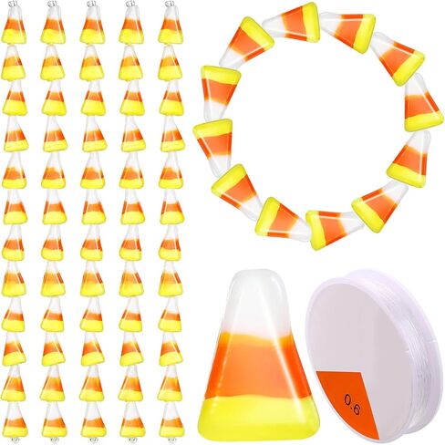 60 PCS Halloween Glass Candy Corn Beads Christmas Peppermint Candy Jewelry Fakey Candy Corn Decorations for Jewelry Making with Stretch Bead Scor in Saudi Arabia