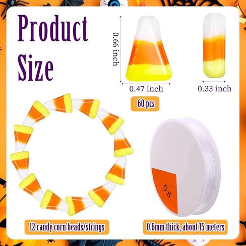 60 PCS Halloween Glass Candy Corn Beads Christmas Peppermint Candy Jewelry Fakey Candy Corn Decorations for Jewelry Making with Stretch Bead Scor in Saudi Arabia