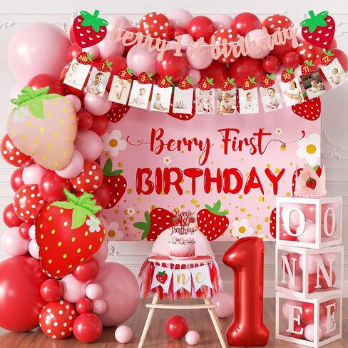 Berry Baby Girl 1st Birthday Decor, Strawberry First Birthday Decorations for Girls with Balloon Arch, Highchair Banner, Party Backdrop, High Chair Banner, Crown, Photo Banners, Cake Topper in Saudi Arabia