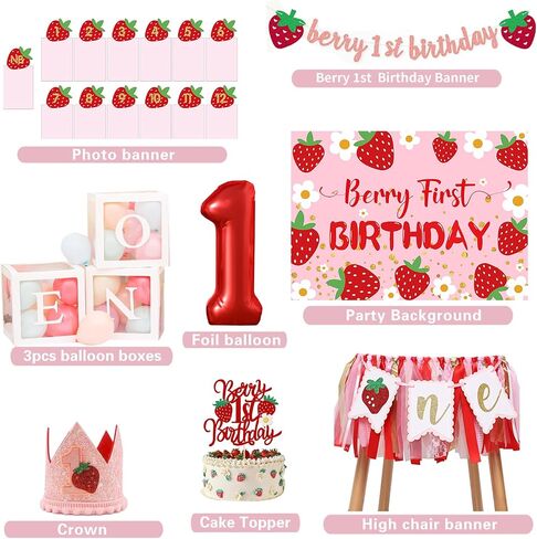 Berry Baby Girl 1st Birthday Decor, Strawberry First Birthday Decorations for Girls with Balloon Arch, Highchair Banner, Party Backdrop, High Chair Banner, Crown, Photo Banners, Cake Topper in Saudi Arabia
