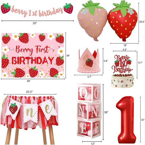 Berry Baby Girl 1st Birthday Decor, Strawberry First Birthday Decorations for Girls with Balloon Arch, Highchair Banner, Party Backdrop, High Chair Banner, Crown, Photo Banners, Cake Topper in Saudi Arabia