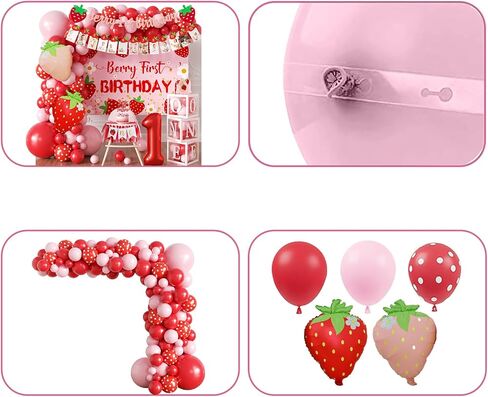 Berry Baby Girl 1st Birthday Decor, Strawberry First Birthday Decorations for Girls with Balloon Arch, Highchair Banner, Party Backdrop, High Chair Banner, Crown, Photo Banners, Cake Topper in Saudi Arabia