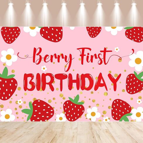 Berry Baby Girl 1st Birthday Decor, Strawberry First Birthday Decorations for Girls with Balloon Arch, Highchair Banner, Party Backdrop, High Chair Banner, Crown, Photo Banners, Cake Topper in Saudi Arabia