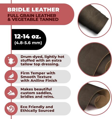 ELW 12-14 oz (4.8-5.6 mm) Bridle Veg Tan Leather Pieces Cowhide |Dark Brown 1-2 SQ FT| Tooling Thick Leather Material Sheets Belts, Straps,Sheath, Holster, Saddle, Remnants, Scraps, Shapes in Kuwait