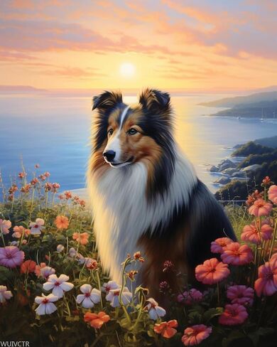 Wuivctr DIY Paint بأرقام على القماش ، Sheltie في Lakeside Sunrise ، DIY Canvas الطلاء الزيت للبالغين لديكور Craft Office Arts ، 40x50 سم in Saudi Arabia