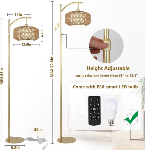 مصباح أرضي قوس ذهبي مع لمبة بعيدة ومصباح LED ، مصابيح أرضية قابلة للضعف لغرفة المعيشة مع ظلال القماش والضرب ، مصباح طويل ببهو مع 3 درجات حرارة ملونة ، مصابيح دائمة للزاوية لغرفة النوم in Kuwait