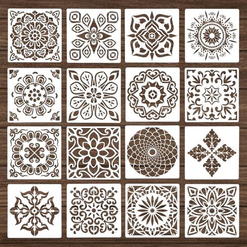 16 Pcs 5.9x5.9 inch Reusable Mandala Stencils for Painting, Large Mandala Floral Dot Painting Templates Stencils for DIY Crafts Home Decor on Rocks Wood Wall Floor Furniture in Saudi Arabia