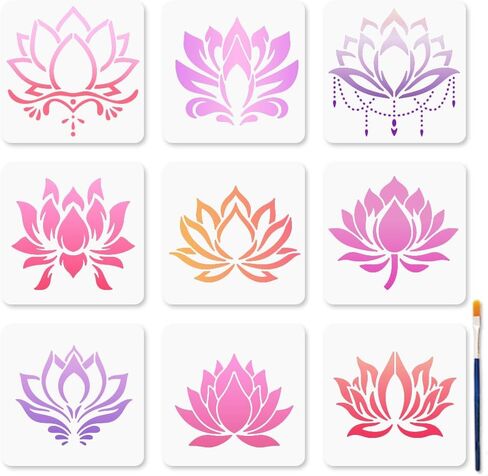 Mayjoydiy 9 Styles Lotus Flower Stencils Water Lily Stencil 7.8x7.8inch Lotus stencil للطلاء مع قوالب نباتية طبيعية للطبيعة للحرف على Wood Wood Gall Decor in Kuwait