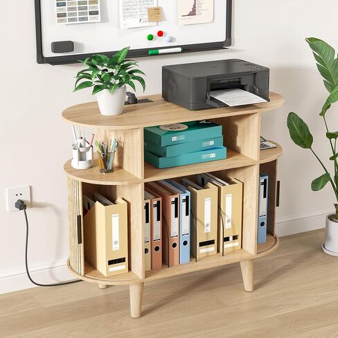 Round Printer Stand with Charging Station & USB Ports, 35.4 x15.7 x 30 Inches Large Printer Table 3 Tier with Storage Shelf for Home Office (Walnut) in Saudi Arabia