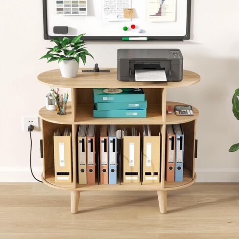 Round Printer Stand with Charging Station & USB Ports, 35.4 x15.7 x 30 Inches Large Printer Table 3 Tier with Storage Shelf for Home Office (Walnut) in Saudi Arabia