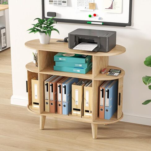 Round Printer Stand with Charging Station & USB Ports, 35.4 x15.7 x 30 Inches Large Printer Table 3 Tier with Storage Shelf for Home Office (Walnut) in Saudi Arabia