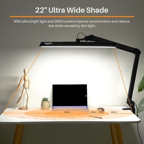 LED Architect Desk Lamp ، 2500 Lumens ، Dimmable ، ذراع أرجوحة معدنية ، 5 درجات حرارة ملونة ، 30 واط ، مثالية لعمل المهام ، الصياغة ، القراءة ، مصباح طاولة المكتب المشبك مع 324 LED مشرق (أسود ، 30 سم) in Kuwait