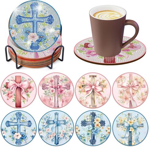 Cross Diamond Art Coasters - 8 PCS DIY DIY Diar Bow Diamond Painting Coasters مع حاملات الأديان المسيحية المسيحية الإمدادات الفنية للمبتدئين للنساء ديكور الطاولة المنزلية in Saudi Arabia