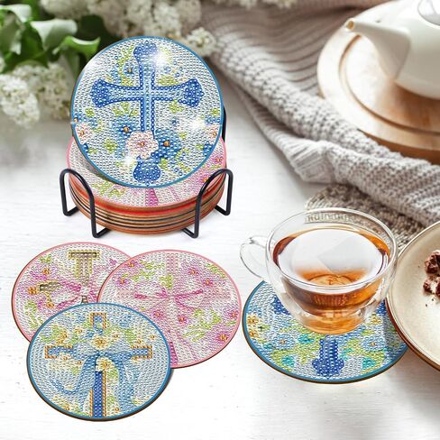 Cross Diamond Art Coasters - 8 PCS DIY DIY Diar Bow Diamond Painting Coasters مع حاملات الأديان المسيحية المسيحية الإمدادات الفنية للمبتدئين للنساء ديكور الطاولة المنزلية in Saudi Arabia