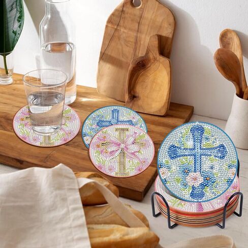 Cross Diamond Art Coasters - 8 PCS DIY DIY Diar Bow Diamond Painting Coasters مع حاملات الأديان المسيحية المسيحية الإمدادات الفنية للمبتدئين للنساء ديكور الطاولة المنزلية in Saudi Arabia