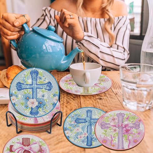 Cross Diamond Art Coasters - 8 PCS DIY DIY Diar Bow Diamond Painting Coasters مع حاملات الأديان المسيحية المسيحية الإمدادات الفنية للمبتدئين للنساء ديكور الطاولة المنزلية in Saudi Arabia