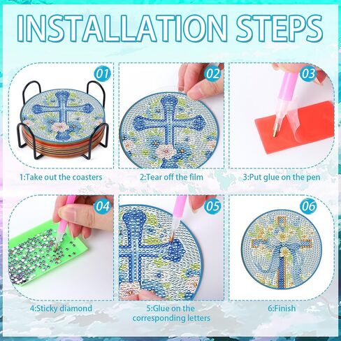 Cross Diamond Art Coasters - 8 PCS DIY DIY Diar Bow Diamond Painting Coasters مع حاملات الأديان المسيحية المسيحية الإمدادات الفنية للمبتدئين للنساء ديكور الطاولة المنزلية in Saudi Arabia