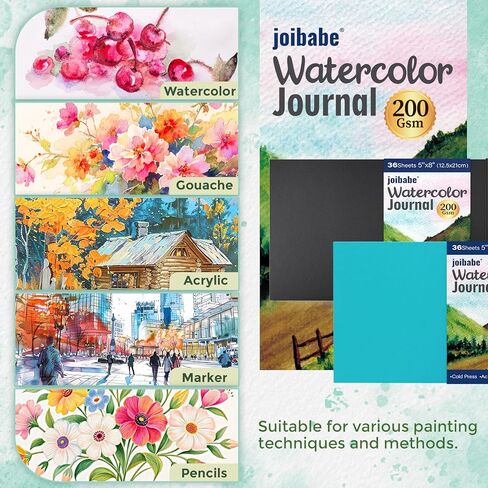 JOIBABE Watercolor Journal ， PRESS COLD PRESS PAPER PAPERBOOK 8 "× 5" ， 36 SHOETS 200GSM ورقة مائية ، خالية من الأحماض للألوان المائية ، الغواش ، الأكريليكات والوسائط المختلطة （أسود） in Kuwait