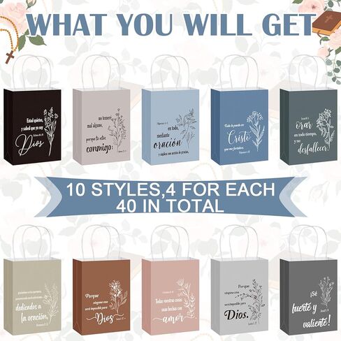 Kolldenn 40 PCS الأسبانية الأسبانية للكتاب المقدس حقائب الهدايا المسيحية مع مقابض زهرة ملهمة بوهو الهدايا الدينية الكتابية للنساء المعلمات كنيسة الأحد مدرسة العميد حفل زفاف in Kuwait