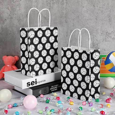 Outus 18 Pieces Volleyball Gift Bags for Team Volleyball Party Favor Sports Goody Treat Bag with Handle Black Snack Goodie Sacks Kraft Paper Candy Sacks for Sport Theme Birthday Party Decor in Saudi Arabia