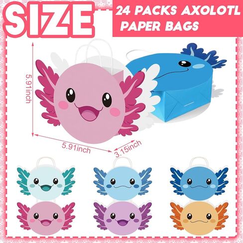 Kosiz 24 PCS Axolotl Party Favor Bags with Handles Axolotl موضوع Goodie Gift Paper Treats Wordy Lags لعيد ميلاد لوازم حفلات استحمام الطفل in Saudi Arabia