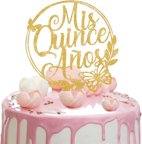 2PCS Mis Quince Anos Cake Topper, Gold 15th Birthday Cake Topper Feliz 15 Años Hello 15 Cake Mis 15 Años Decoration for 15th Birthday Cakes Party Decor in Kuwait