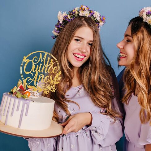 2PCS Mis Quince Anos Cake Topper, Gold 15th Birthday Cake Topper Feliz 15 Años Hello 15 Cake Mis 15 Años Decoration for 15th Birthday Cakes Party Decor in Kuwait