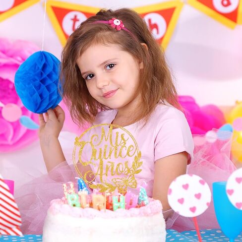 2PCS Mis Quince Anos Cake Topper, Gold 15th Birthday Cake Topper Feliz 15 Años Hello 15 Cake Mis 15 Años Decoration for 15th Birthday Cakes Party Decor in Kuwait