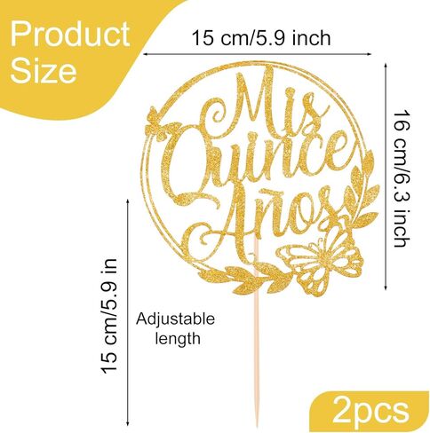 2PCS Mis Quince Anos Cake Topper, Gold 15th Birthday Cake Topper Feliz 15 Años Hello 15 Cake Mis 15 Años Decoration for 15th Birthday Cakes Party Decor in Kuwait