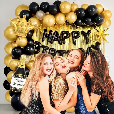 Pink Birthday Decorations for Women, Happy Birthday Banner, Rose Gold Fringe Curtain with Latex & Confetti Balloons, with Love, Crown, Lipstick, Wine Glass Foil Balloons for Girl Birthday Party in Saudi Arabia