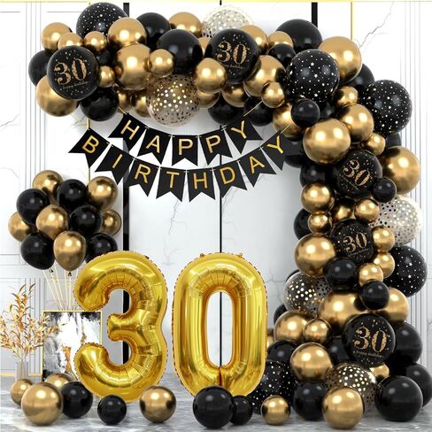 30th Birthday Decorations for Him - Easy-Prep Party Decor Balloon Arch Kit - Vintage Tasteful - Black/Gold Tone Dday Set with Happy Birthday Banner, 40 inch Number 30 Foil Balloon in Saudi Arabia