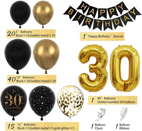 30th Birthday Decorations for Him - Easy-Prep Party Decor Balloon Arch Kit - Vintage Tasteful - Black/Gold Tone Dday Set with Happy Birthday Banner, 40 inch Number 30 Foil Balloon in Saudi Arabia